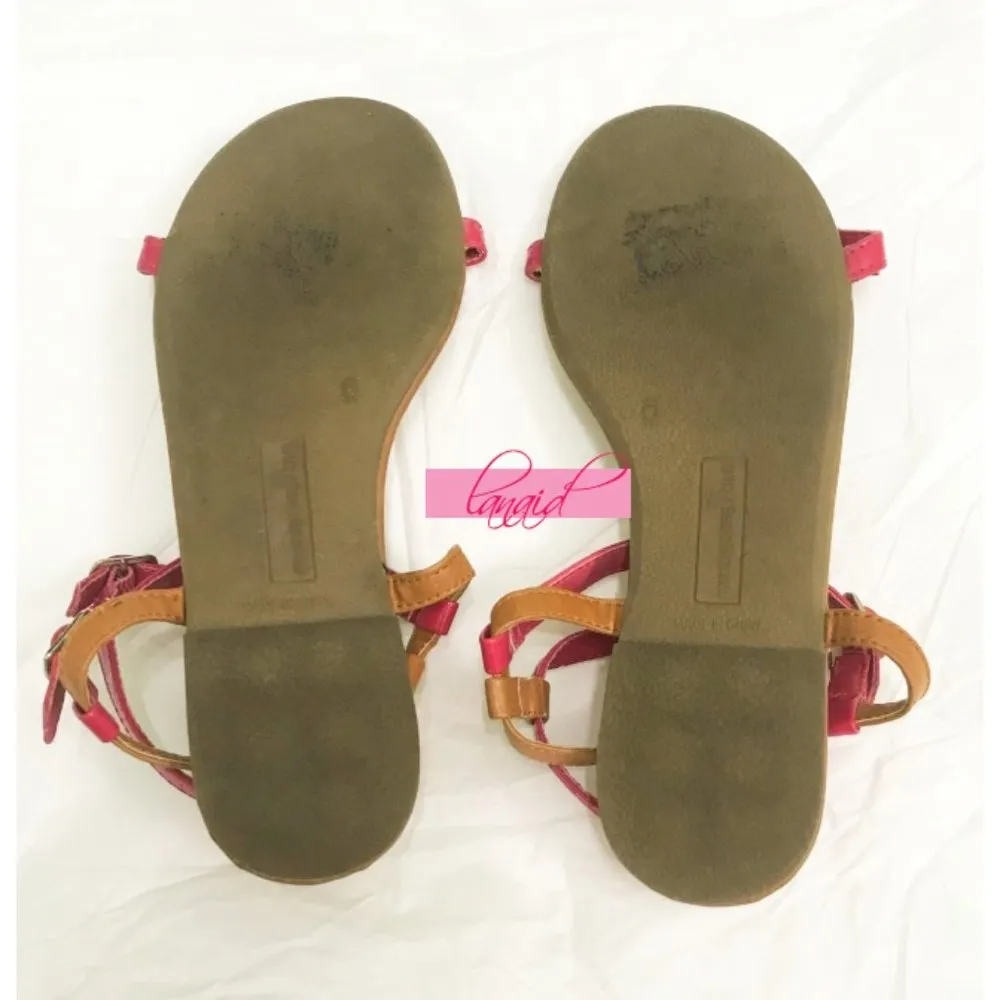 Hot Pink Tan T-Strap Flat Strappy Vegan Faux Leather Edgy Buckle Summer Sandals - Image 4