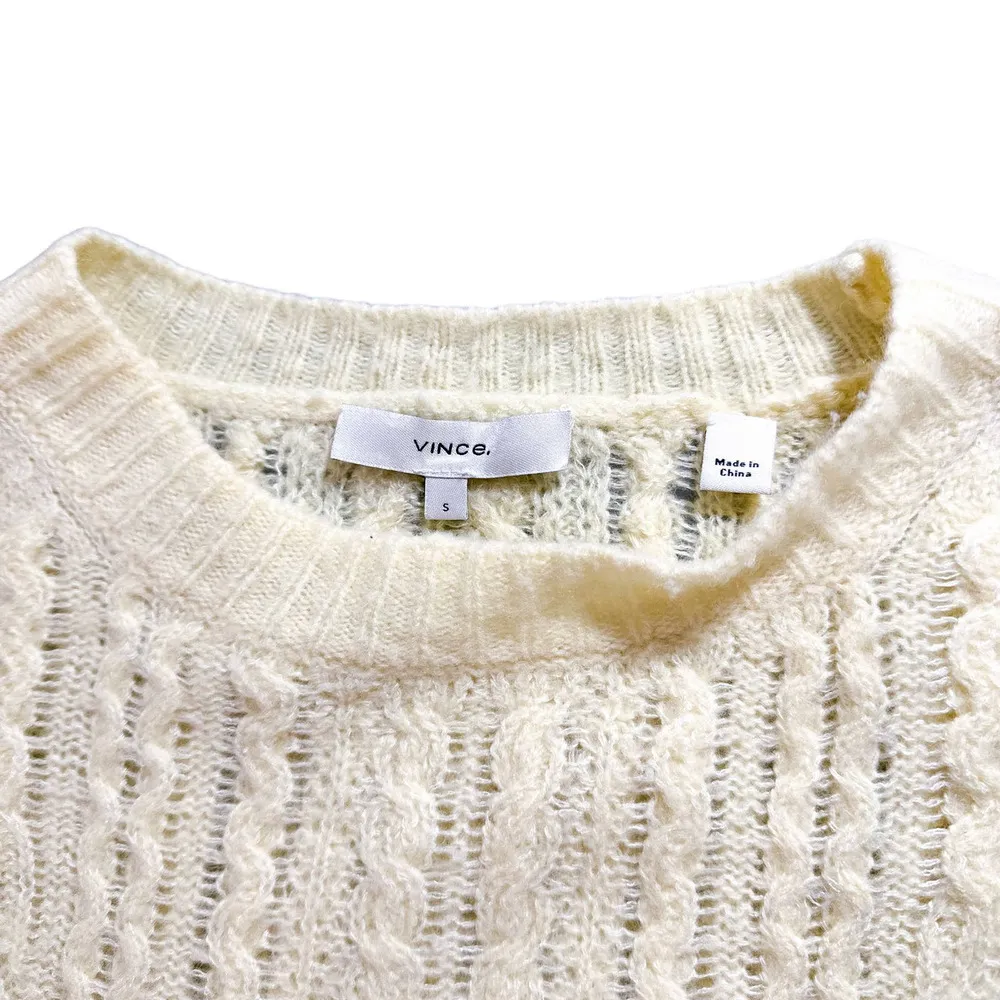 Vince Merino Wool Cashmere Blend Open Cable Knit Crew Sweater Pale Yellow Small - Image 9