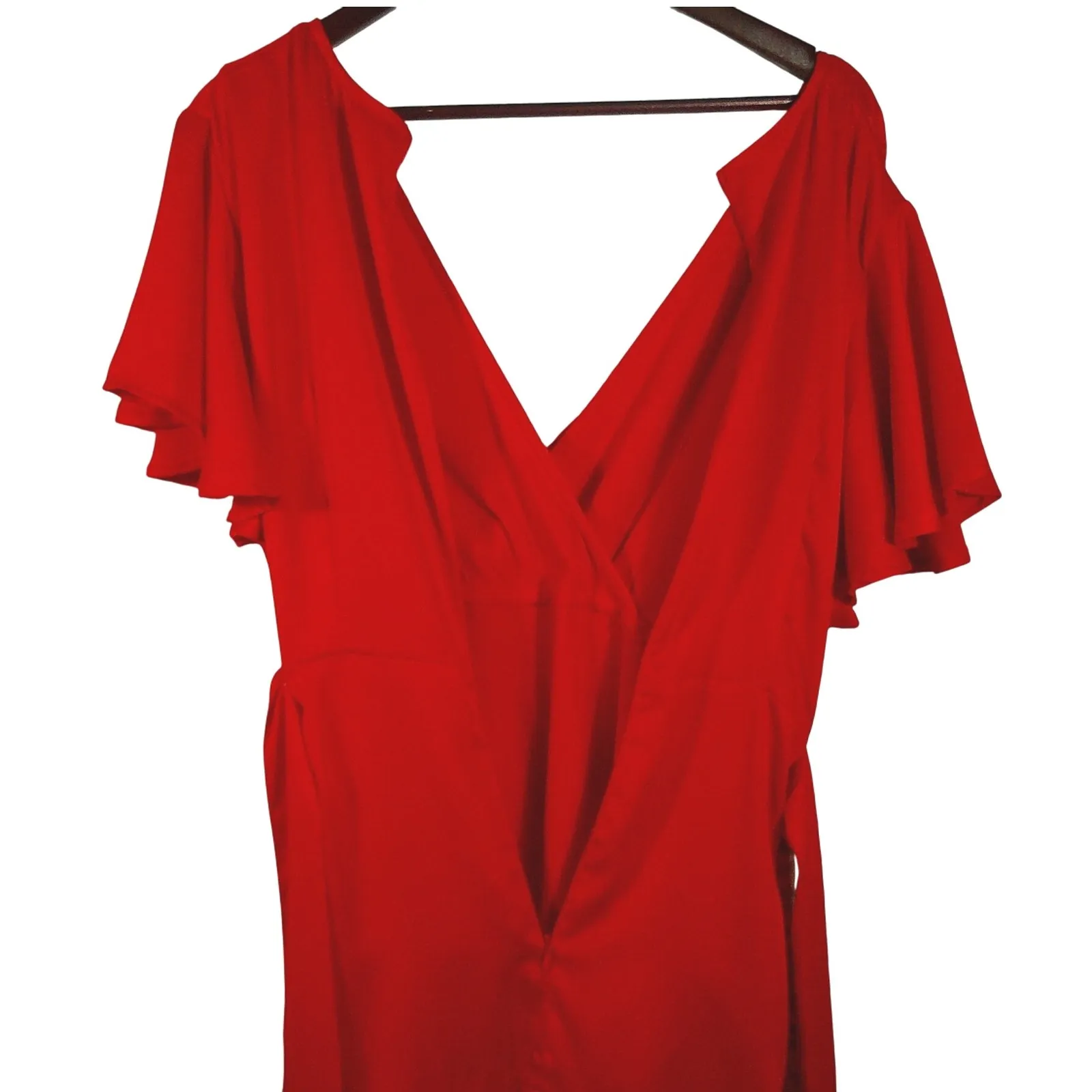 Saints + Secrets Red Flutter Sleeve Wrap Ruffle Hem Tie Belt Dress Size L - Image 13