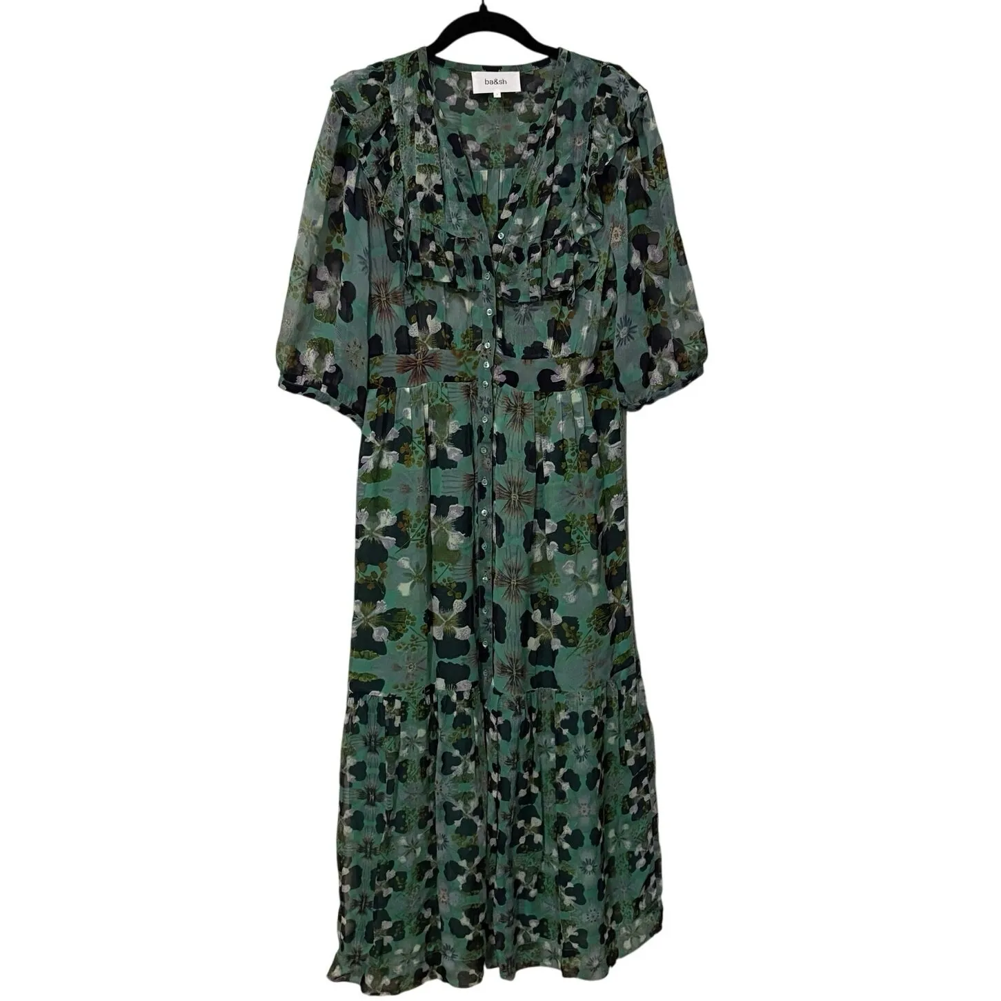 Ba&sh Green Hooper Floral Print Midi Boho Dress Size 1 Small - Image 4