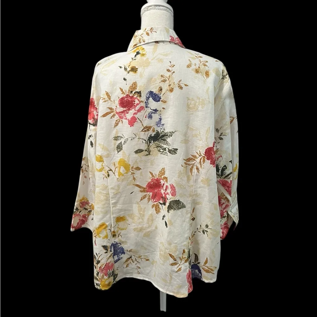 Harve Bernard Linen Cotton Blend Floral Botanical Button Up Tunic Shirt 2X - Image 4