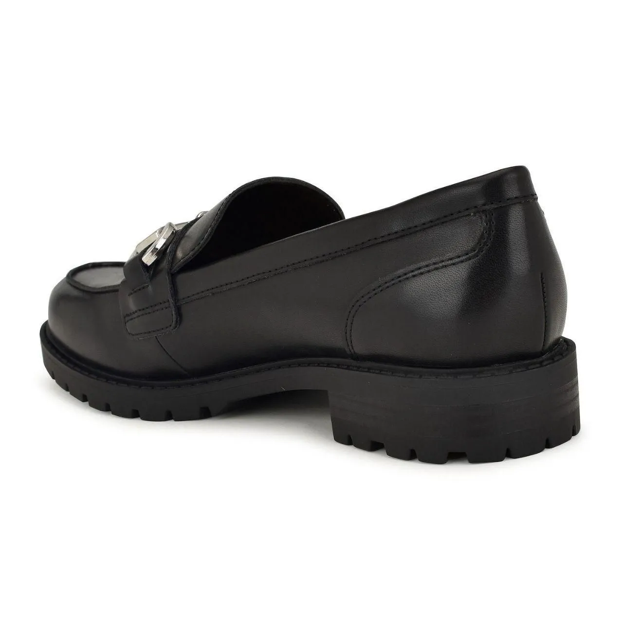 Nine West Chunky Lug Sole Metal Chain Faux Black Leather Platform Loafers US 7 - Image 3