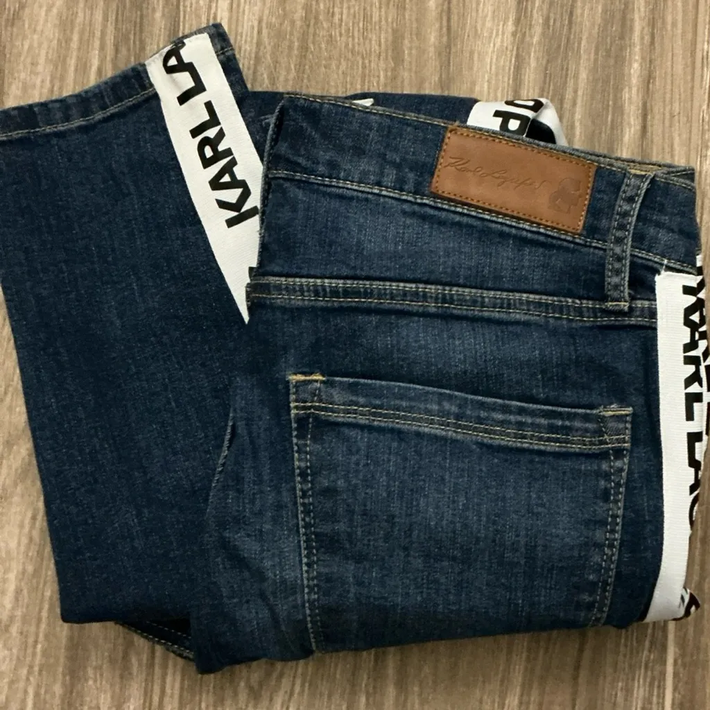 Karl Lagerfeld Dark Blue Skinny Jeans with White Stripes Sz 8 - Image 5