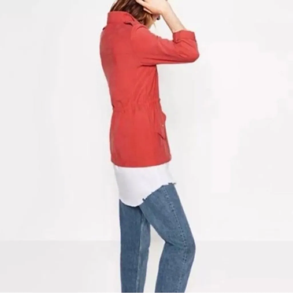 ZARA Front Zip Gold Snap Cinched Waist Military Utility Jacket Coral Pink‎ Large - Image 4