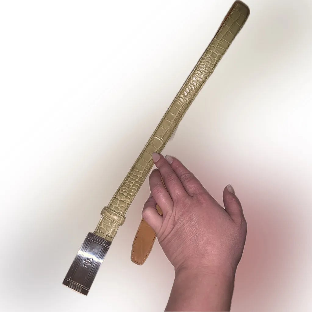 LRL Ralph Lauren Italian Leather Sage Green Croc Embossed Belt Silver Buckle S - Image 10