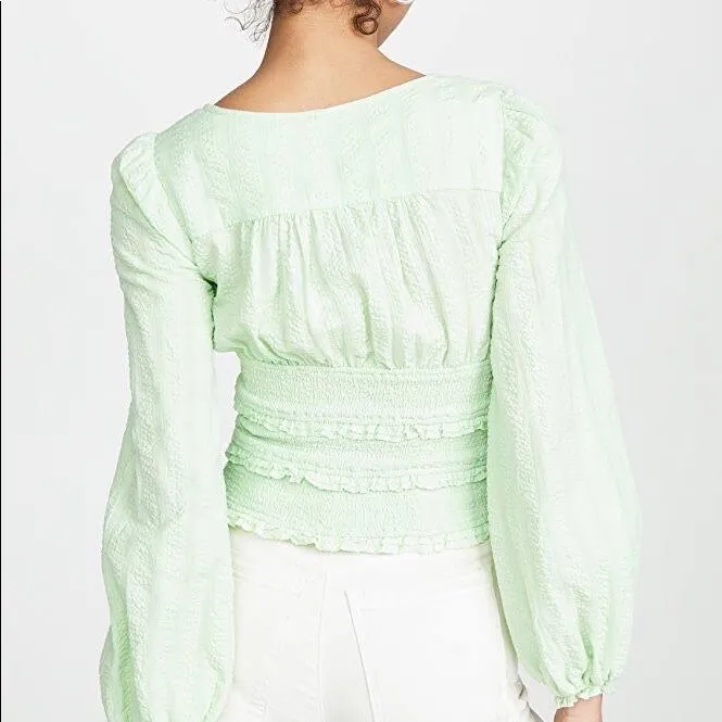 Free People XS Womens Green Smocked Tie Front Crop Long Sleeve Blouse - Image 2