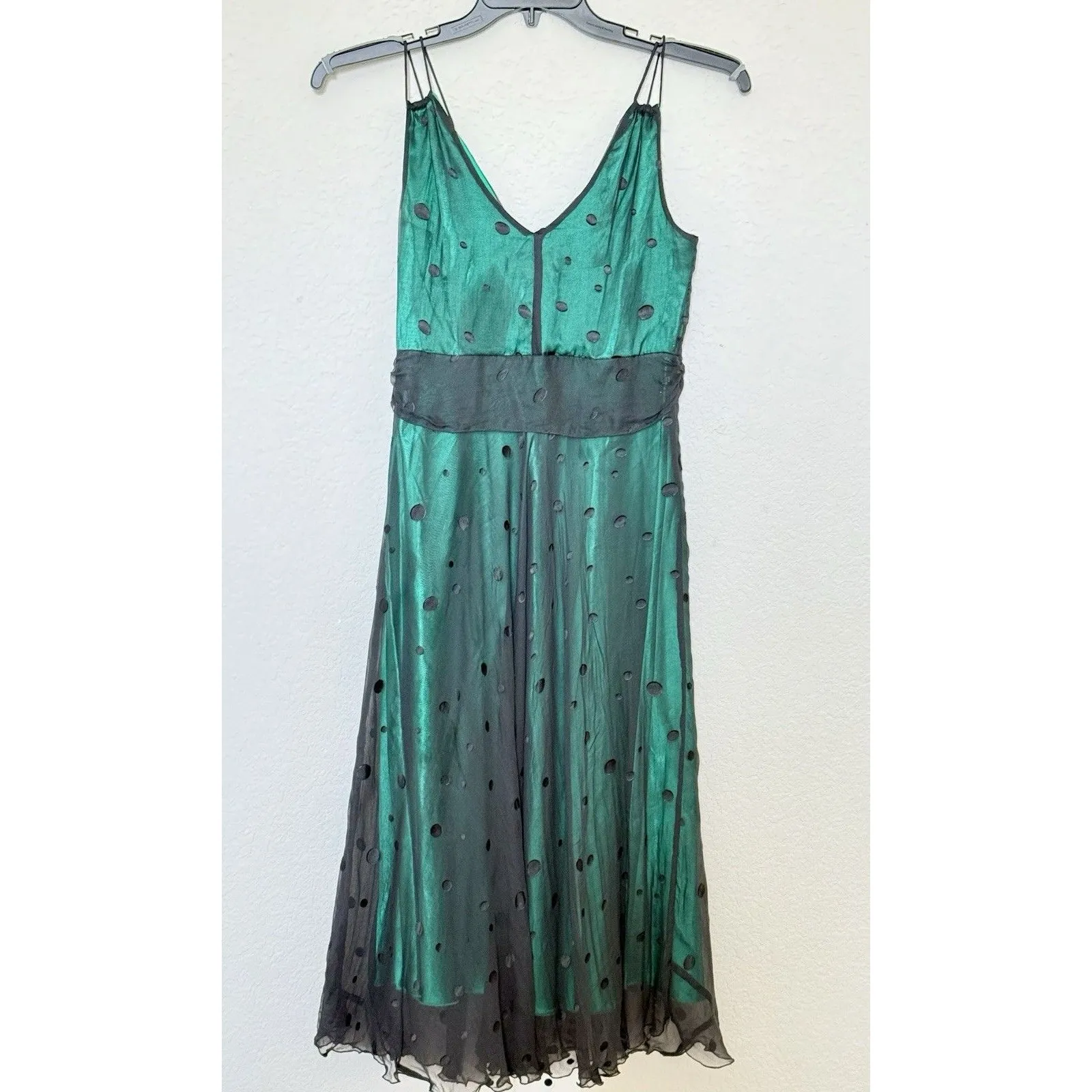 VTG Y2K Jonathan Martin Sill Dress Emerald Green black sheer mesh polka dot S6 - Image 2