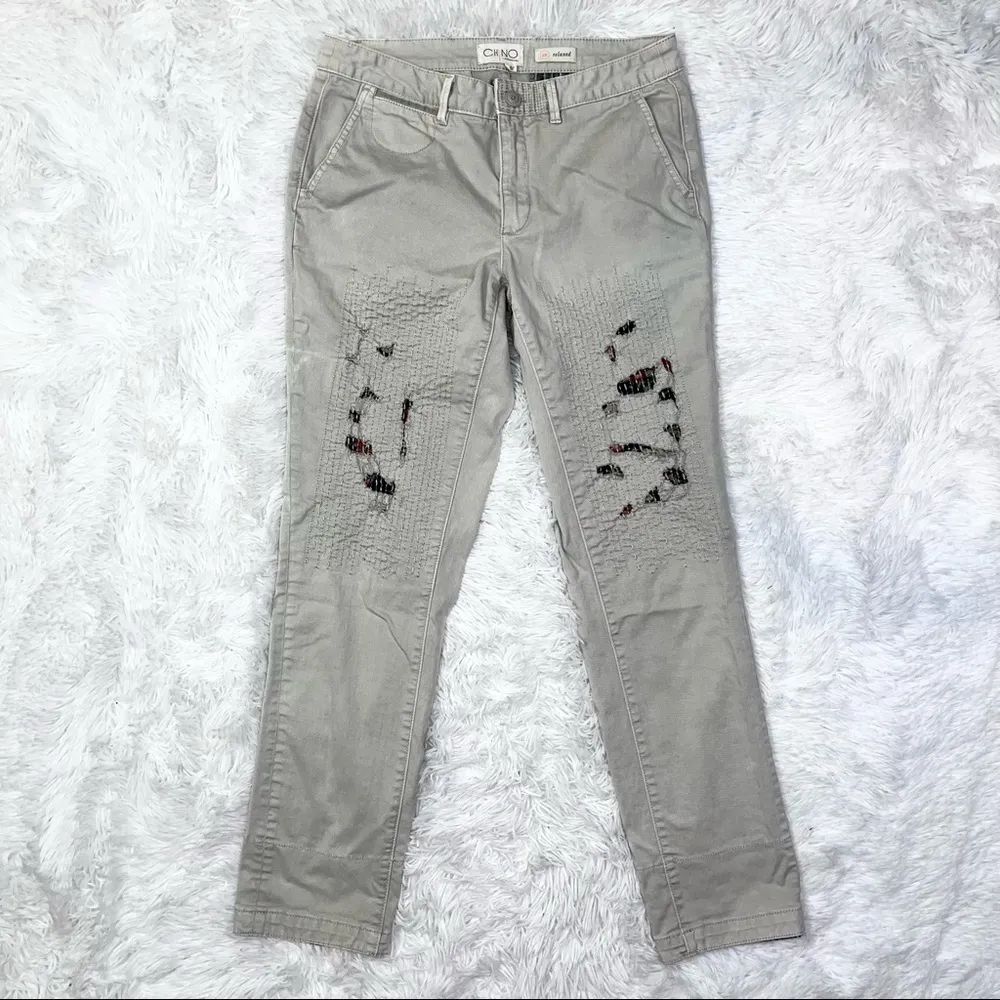 ANTHROPOLOGIE // CHINO Khaki Relaxed Floral Patched Distressed Chino Pants 28 - Image 4