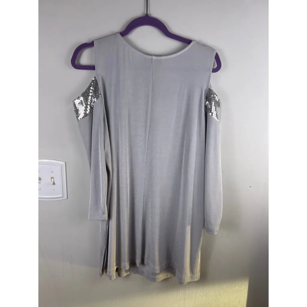 Slinky Brand  1X Silver Cold Shoulder Sequin Tunic Top Stretch Knit NWT - Image 6