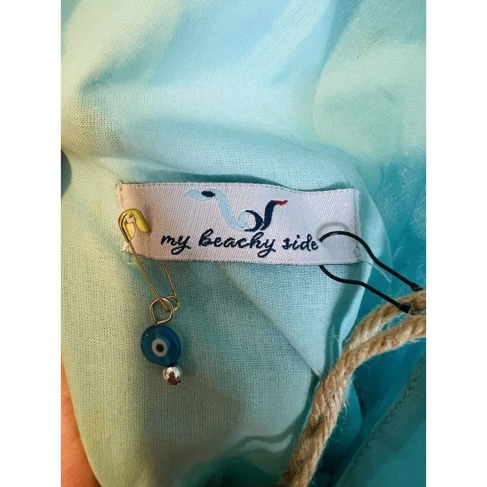 My beachy Side Sparrow Mini Dress Medium Peacock Feather Print Lined Adjustable Blue - Image 7