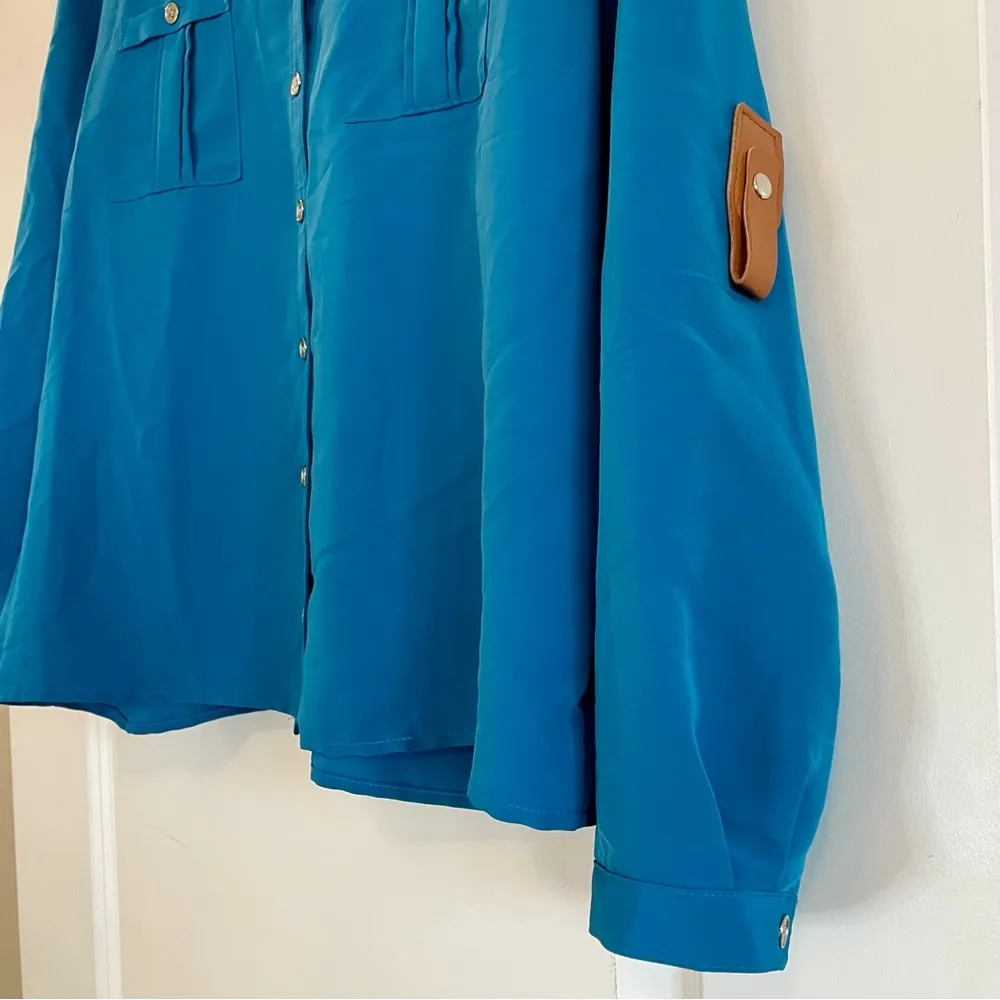 Notations Button Down Blue Top With Leather Sleeve Accents Clips Size PXL - Image 14