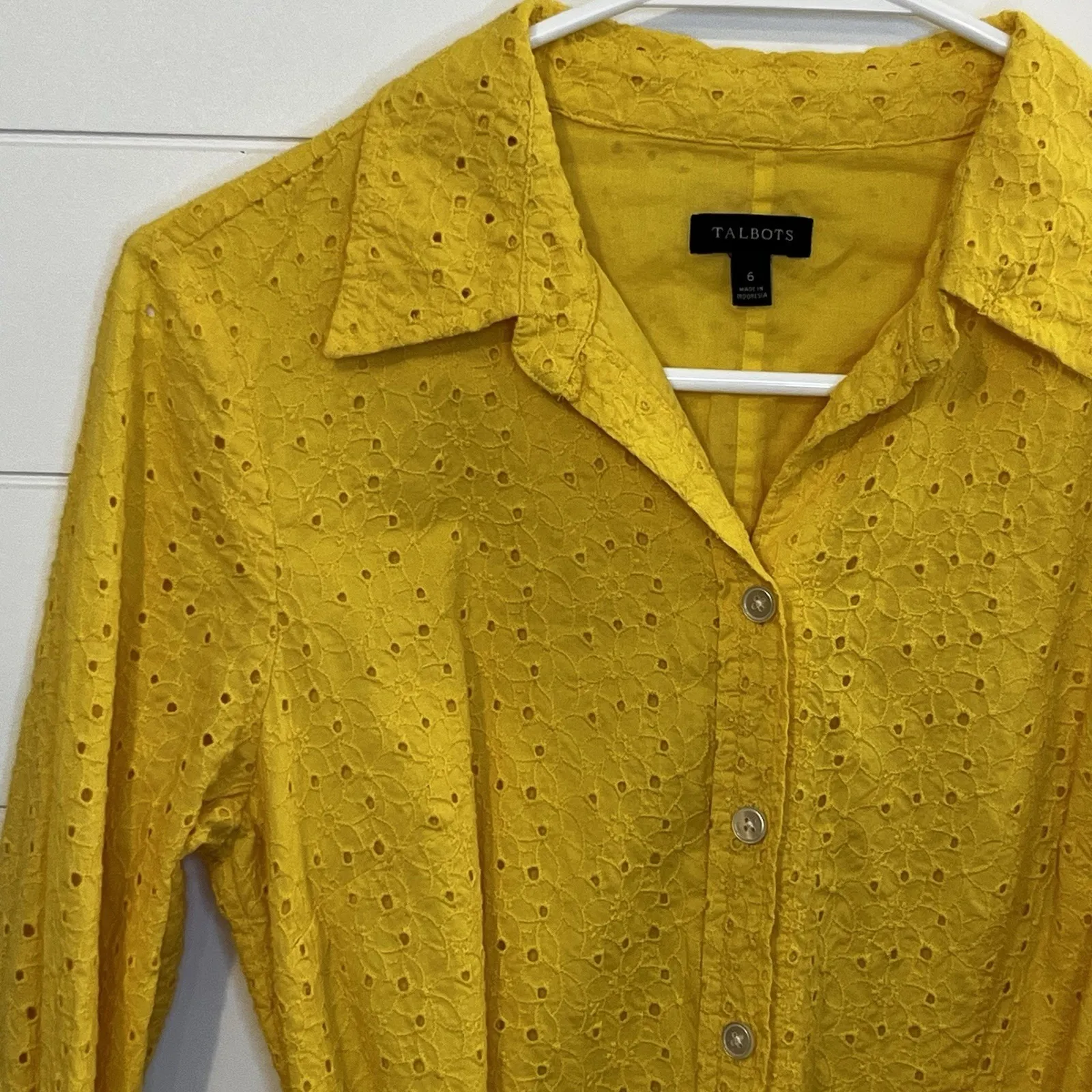 TALBOTS Yellow Embroidered Eyelet Cotton Shirt Waist Belted Dress Size 6 - Image 7