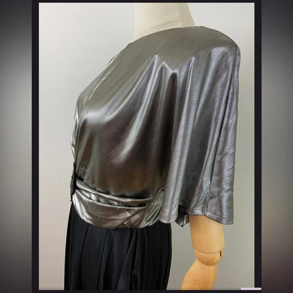 VTG 80s Indie Sleaze Art Deco Disco Silver & Over Drop Jersey Party Dress 12 Black Size 10 - Image 9