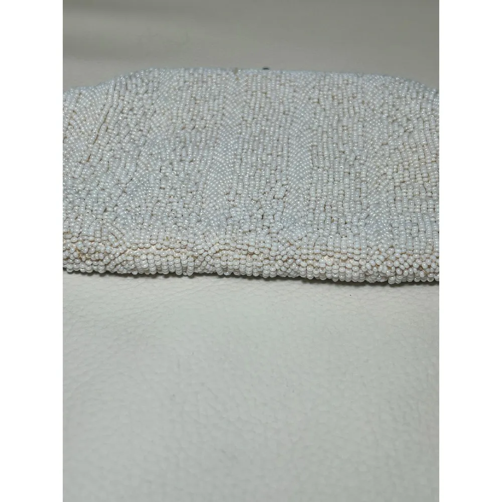 Vintage La Regale White Beaded Clutch Y2K Satin Lined Evening Purse Hand Made - Image 6