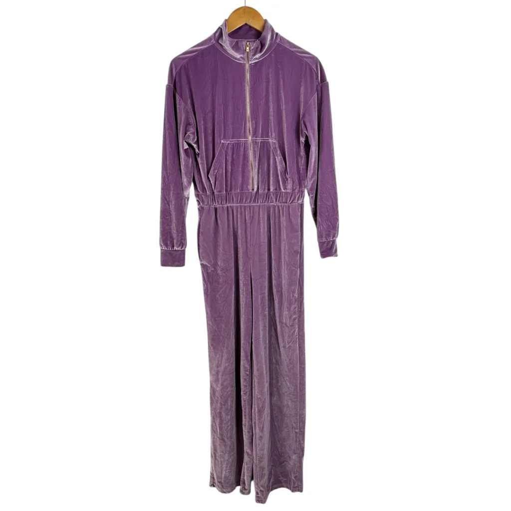 Fabletics Womens Purple Velour Zip Up Wide Leg Jumpsuit Tracksuit Onesie Cozy M - Image 11