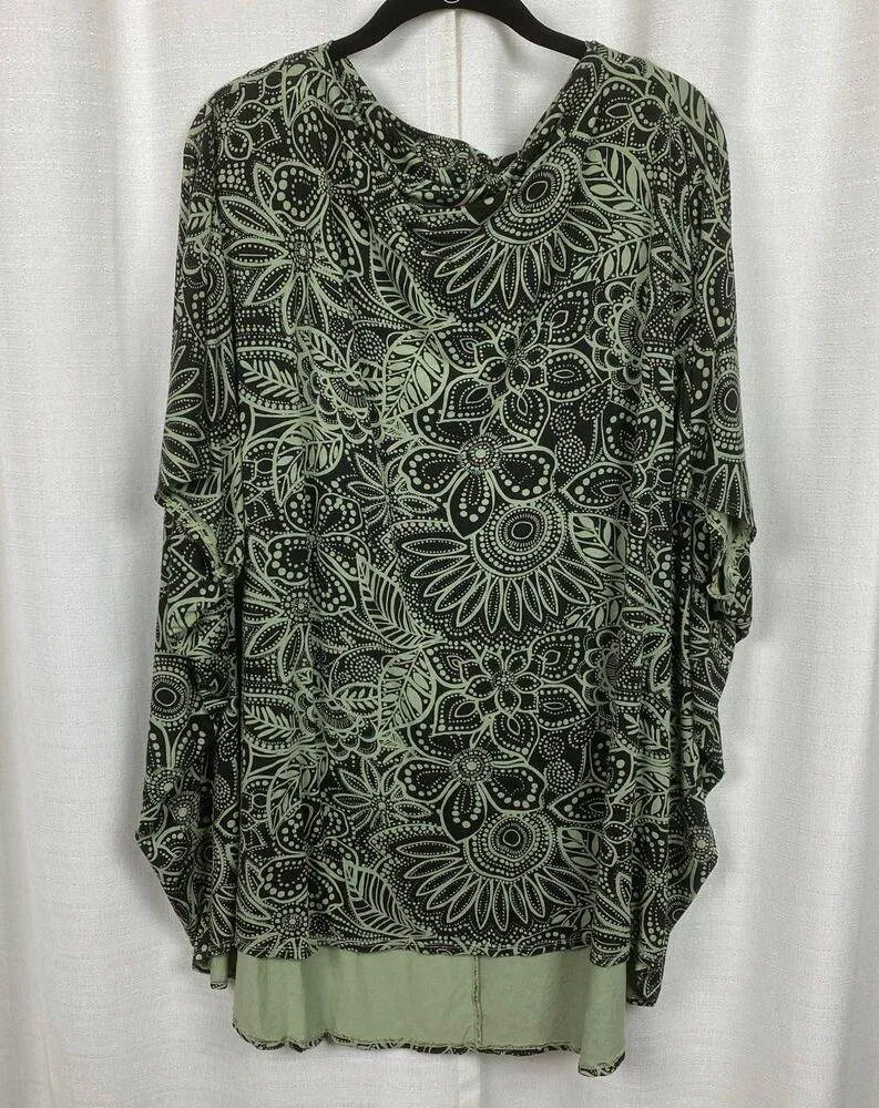 Bryn Walker Green&Brown Leaf Print Cowl Neck Dolman Sleeve Poncho Blouse Sz.L - Image 4