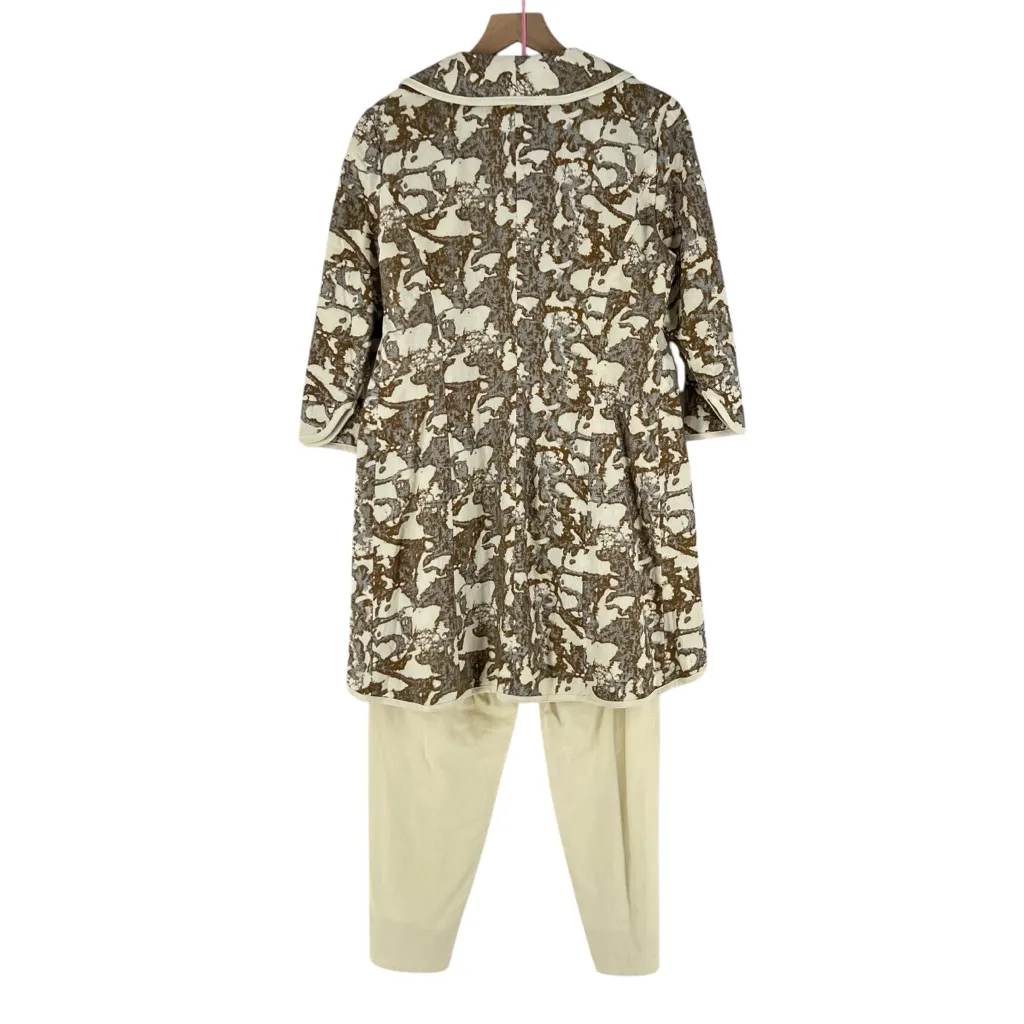 Midnight Velvet Linen Blend High Low Printed Wrap Jacket Cropped Pants Suit Brown Size 12 - Image 2