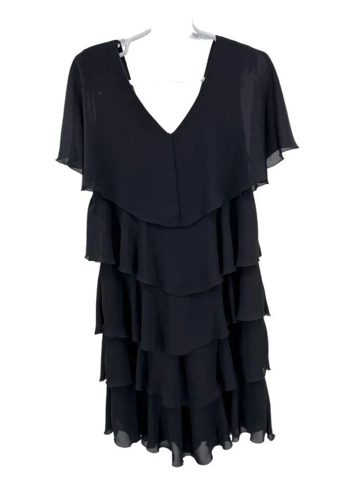 Patra vintage 12 tiered ruffle flutter sleeve black below the knee dress wedding - Image 2