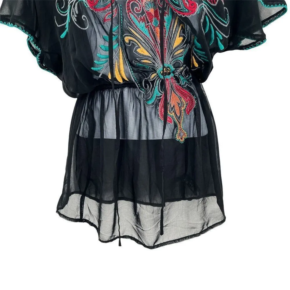 Forever 21 Embroidered Sheer Boho Short Sleeve Top or Swim Cover Up Top Small - Image 13