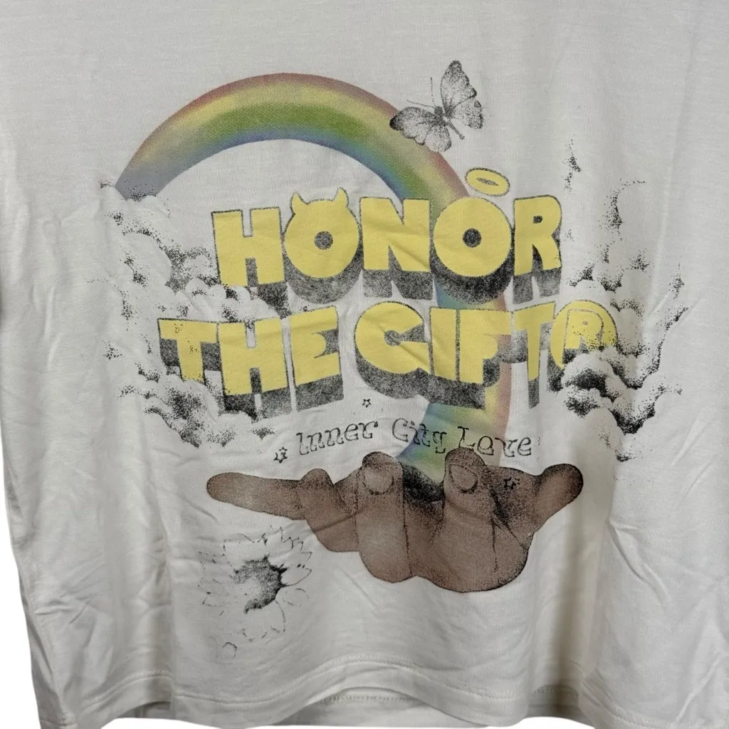 NWT Honor The Gift White Super Soft Crop Tee w/ Rainbow Graphic Size Medium - Image 2