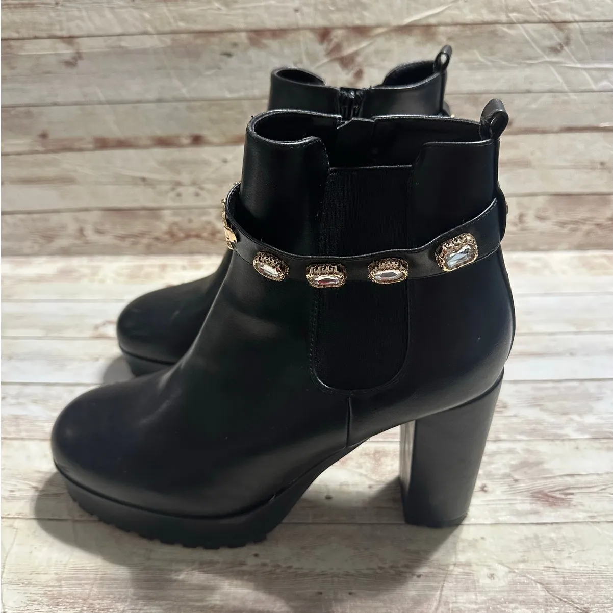 Juicy Couture Faux Leather Jeweled Chunky Bootie Women's Size 9.5 Zip Black - Image 4