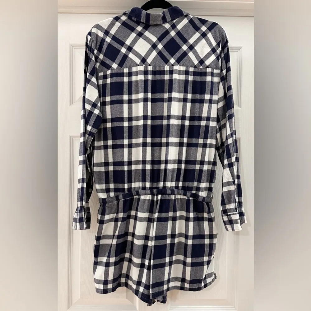 Aerie Plaid Flannel Button Front One Piece Pajama Romper Blue White sz XL - Image 6
