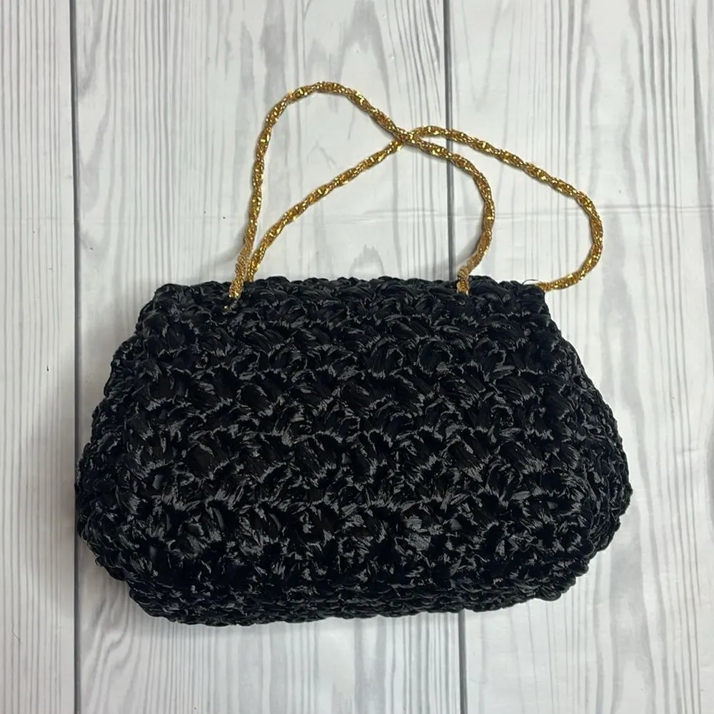 60s Vintage Bloomingdales black raffia purse evening handbag with gold straps - Image 4