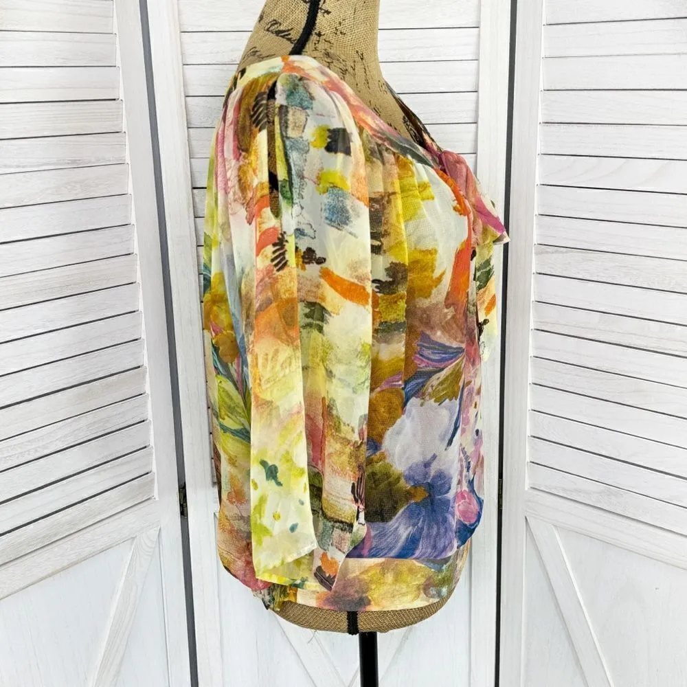 Chenault Watercolor Floral Chiffon Cold Shoulder Blouse Multicolor Small Pink - Image 3