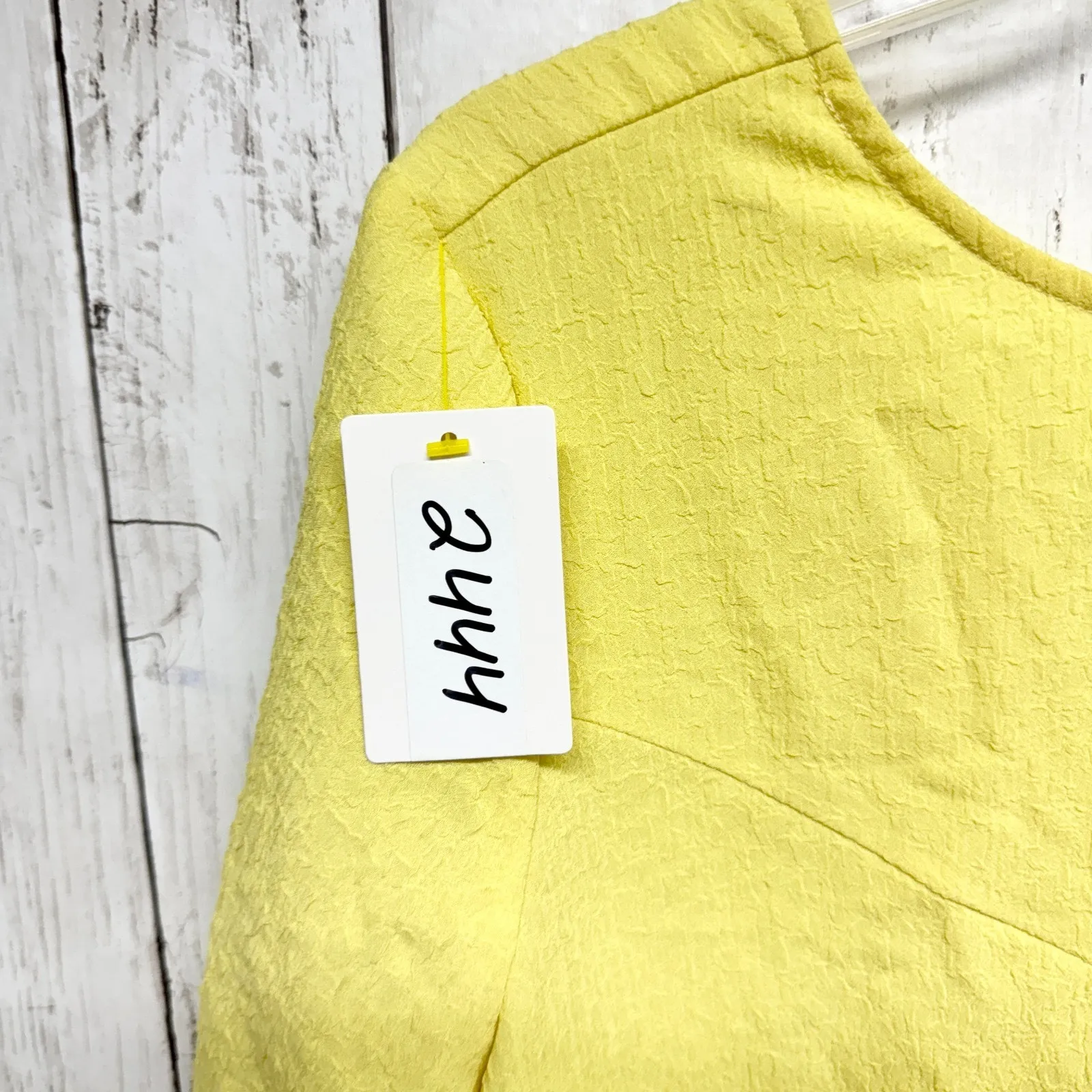 Frnch Dress Women Size M/L Yellow Crepe Round Neck Short Sleeve Shift Mini Sun - Image 2