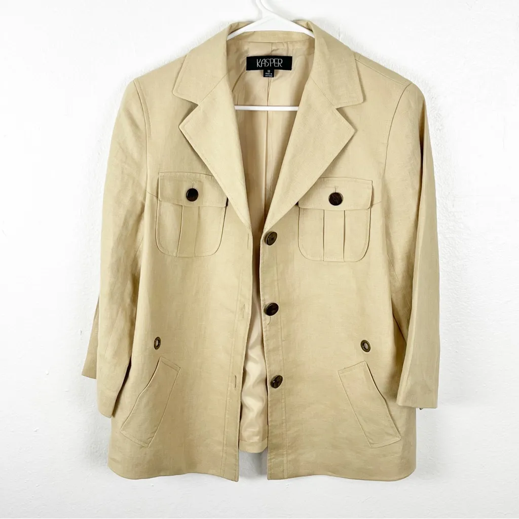 KASPER Khaki 100% Linen Lined 3/4 Sleeves Front Button Blazer, Size 12 - Image 7