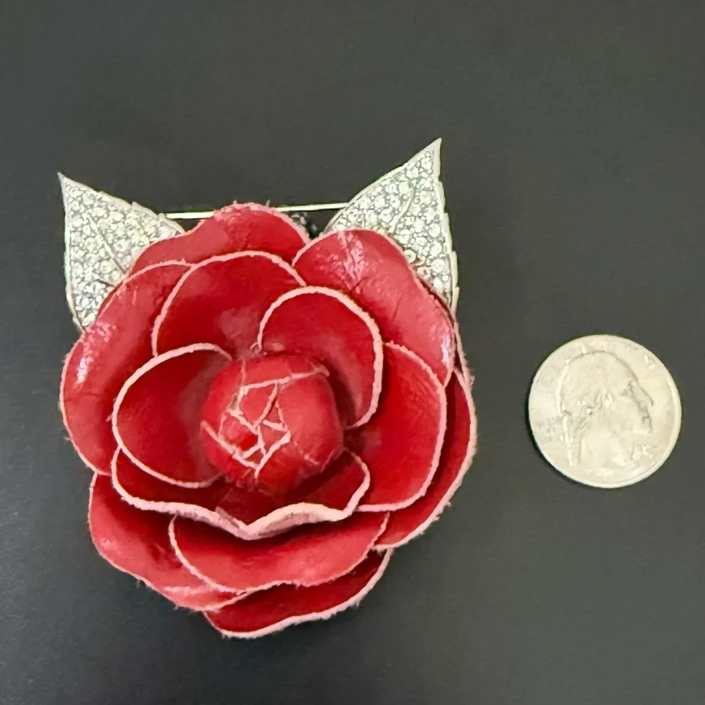Vintage SWAROVSKI Swan Signed Red Leather Camellia Flower Pave Leaves Brooch 31g - Image 5