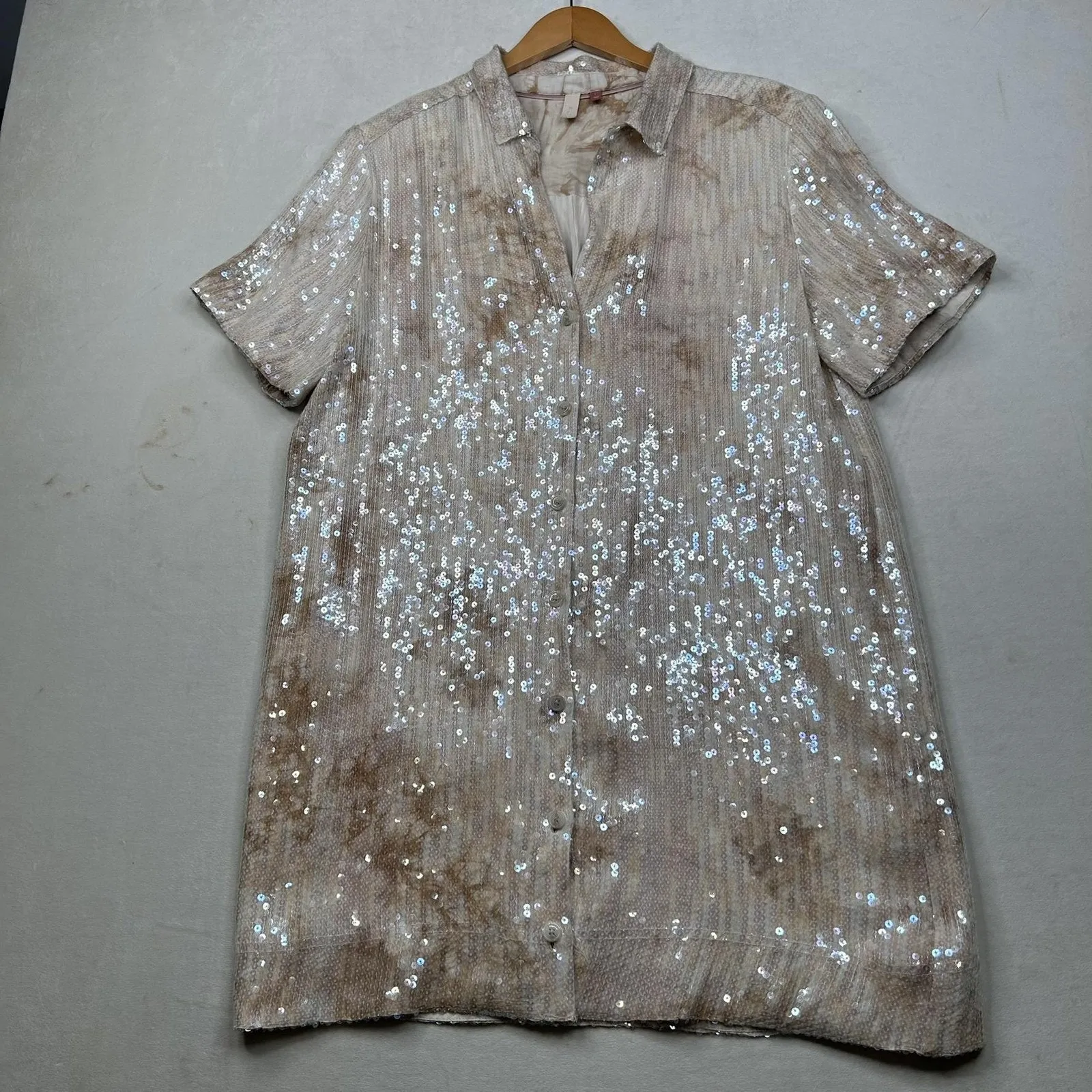 Pilcro Sequin Shirt Womens Large Beige Short Sleeve Button Front Collared Top - Image 2