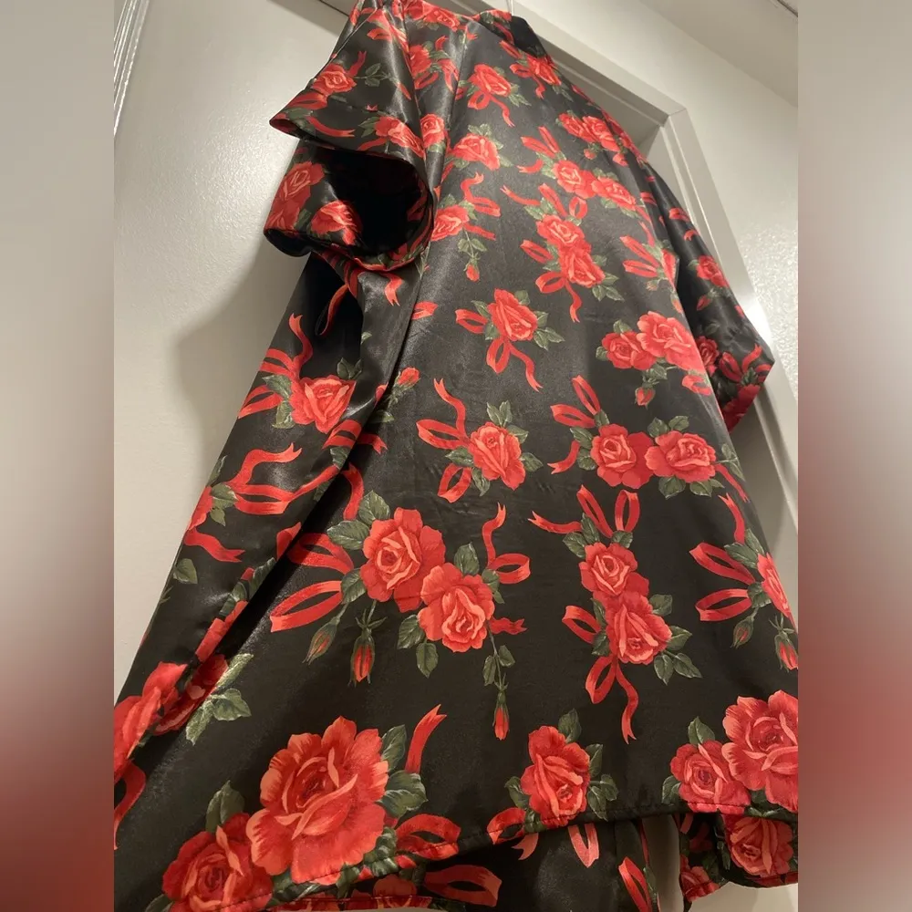 VTG Morgan Taylor Intimates Black & Red Roses & Ribbons Print Kimono Robe - M/L - Image 7
