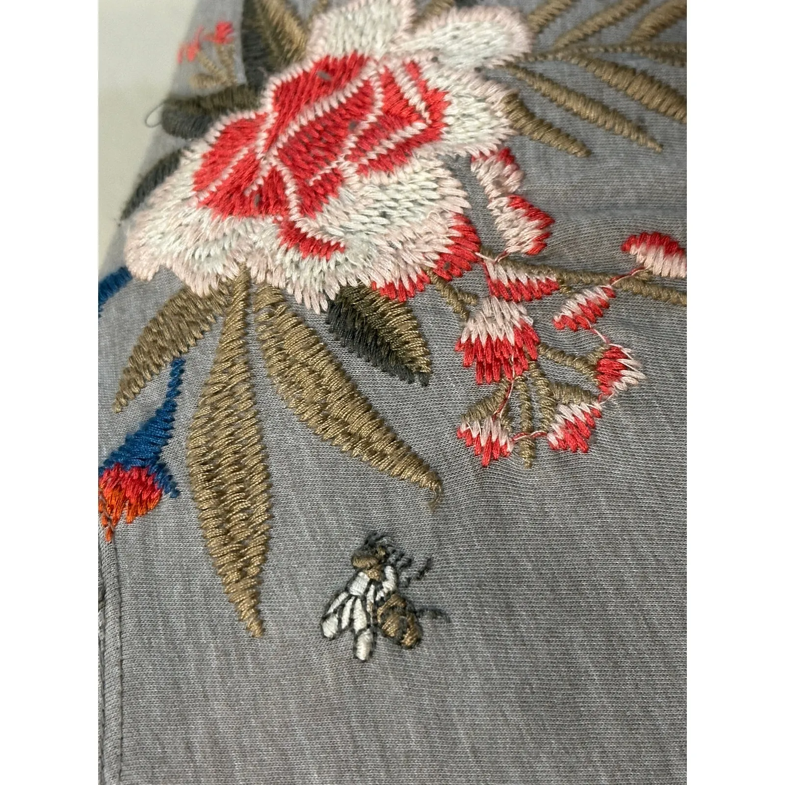 Johnny Was Mini Dress Short Sleeve Pink Floral Embroidery Gray Jersey Small - Image 6