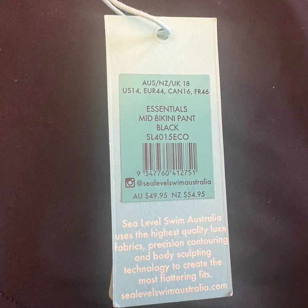 Sea Level Australia Eco Essentials Mid Bikini Pant Swim Bottoms Sz 14 Black NWT - Image 3