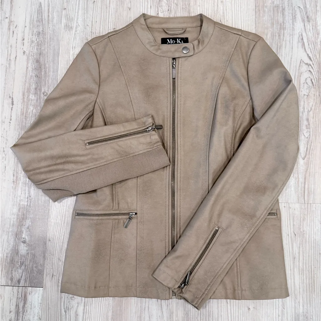 Tan faux Leather Jacket with Tailored Silhouette and Standing Collar - Image 1