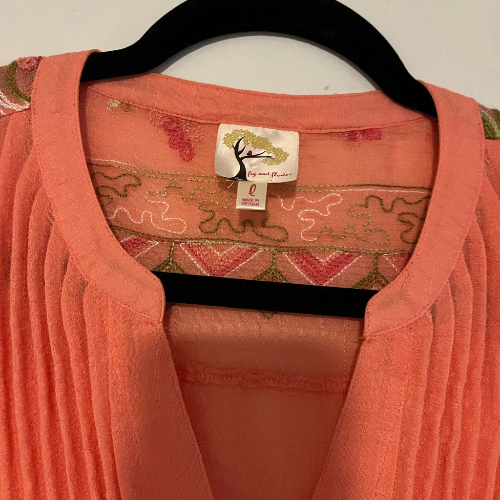 Anthropologie Fig & Flower Orange Embroidered Floral pleated Blouse -‎ L - Image 8