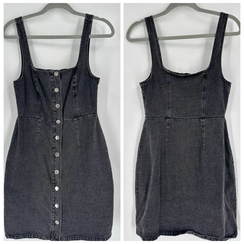 Lulus Corra Denim Mini Dress S Washed Black Button Front Jean Jumper Square Neck - Image 3
