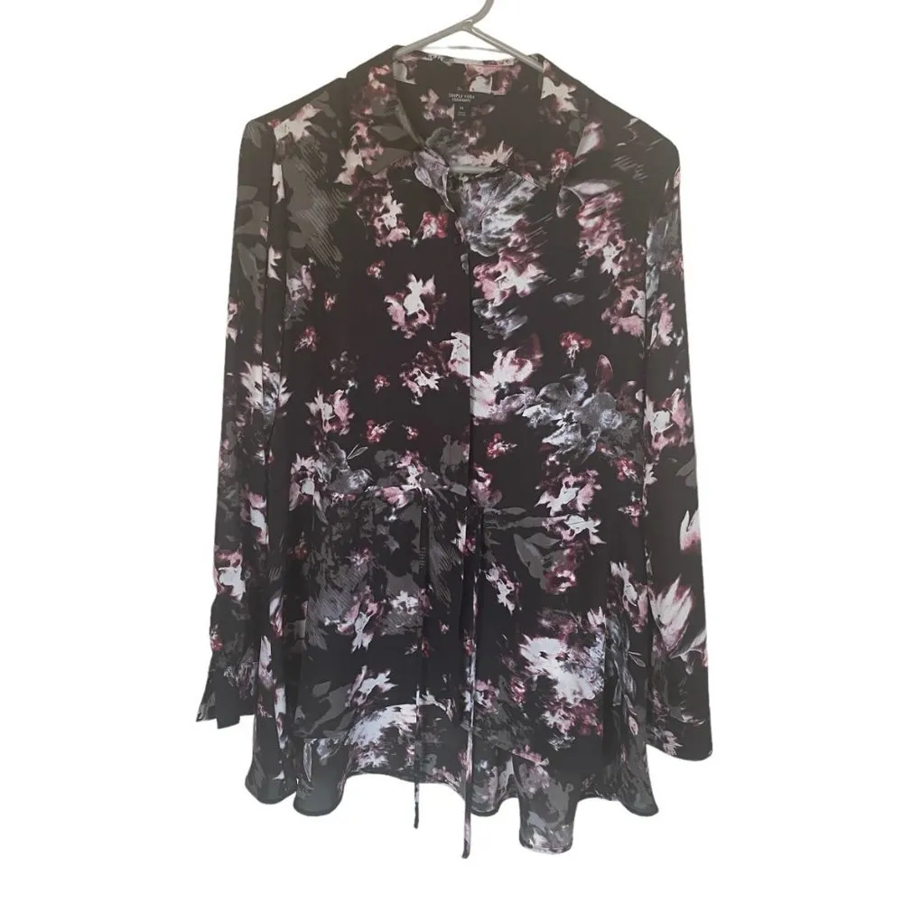 Simply Vera women's black floral sheer long sleeve collared button down blouse - Image 10