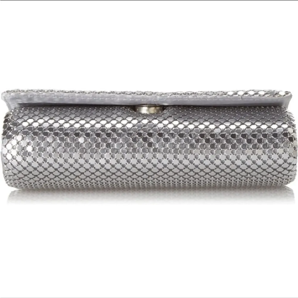 Jessica McClintock Metal Mesh Roll Bag Clutch Purse Crossbody Silver Chain - Image 4