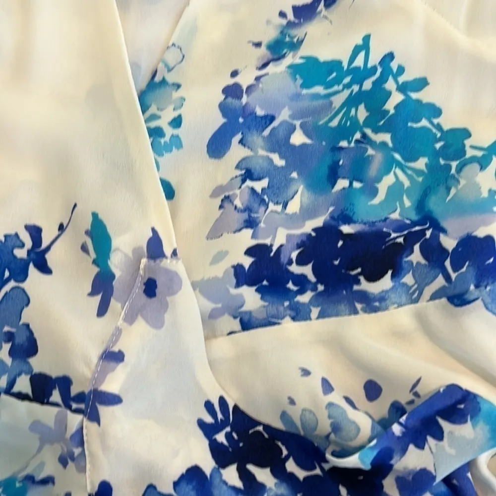 Lulus Paint Me a Picture Ivory Blue Watercolor Floral Garden Wrap Dress Small - Image 15