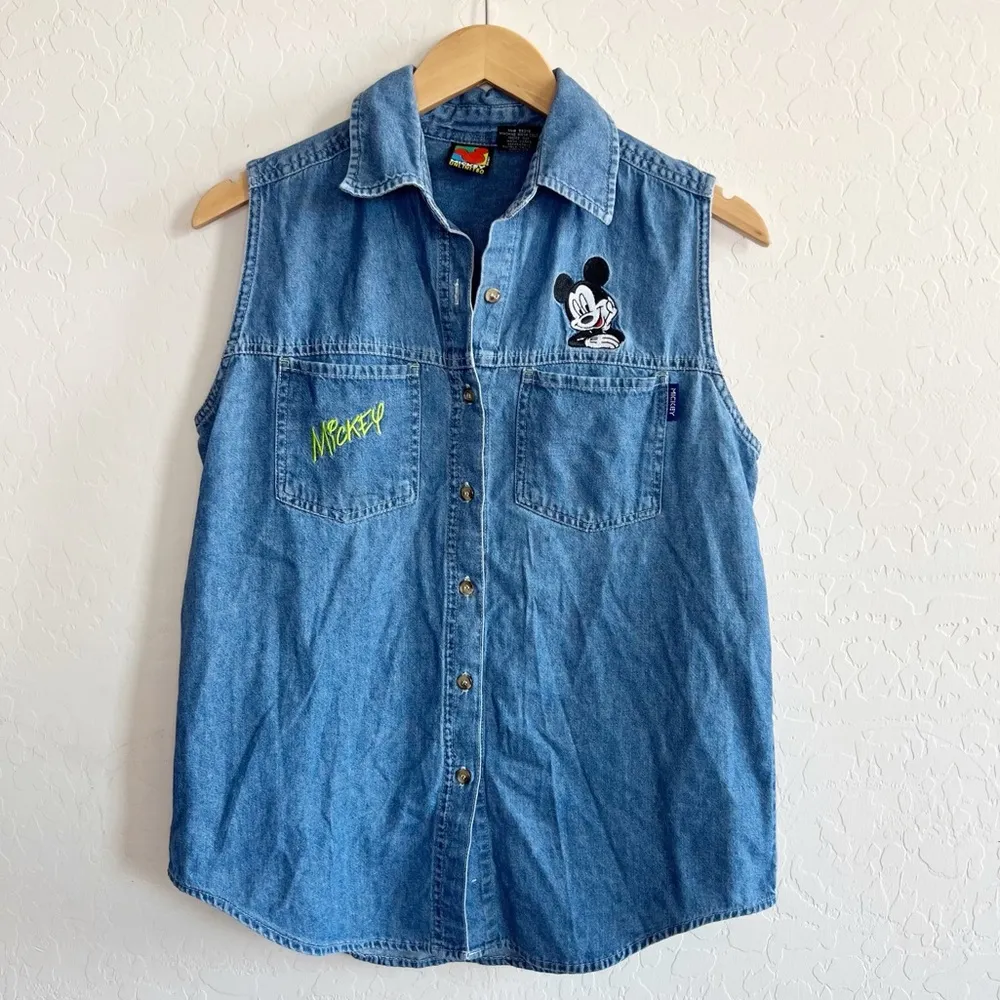 Vintage Mickey Mouse Button Down Denim Vest Blue - Image 5