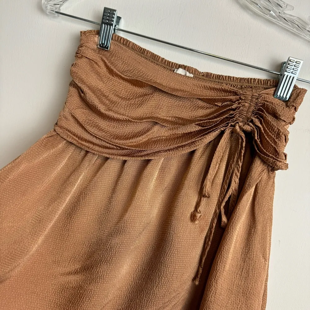 Aerie Uptown Mini Skirt Sz XS Satin Ruched Tie Golden Tan - Image 6