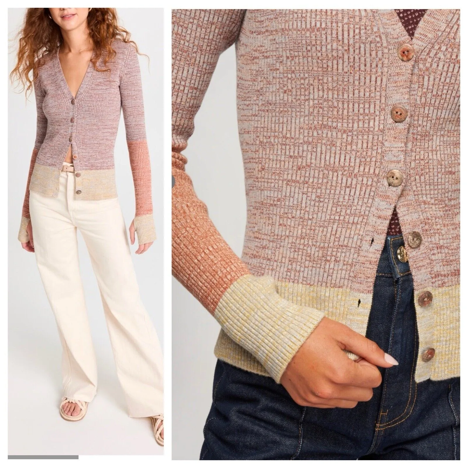 Ulla Johnson Posey Ribbed Knit Cardigan Sweater Pink Contrast Trim XS P - Image 2