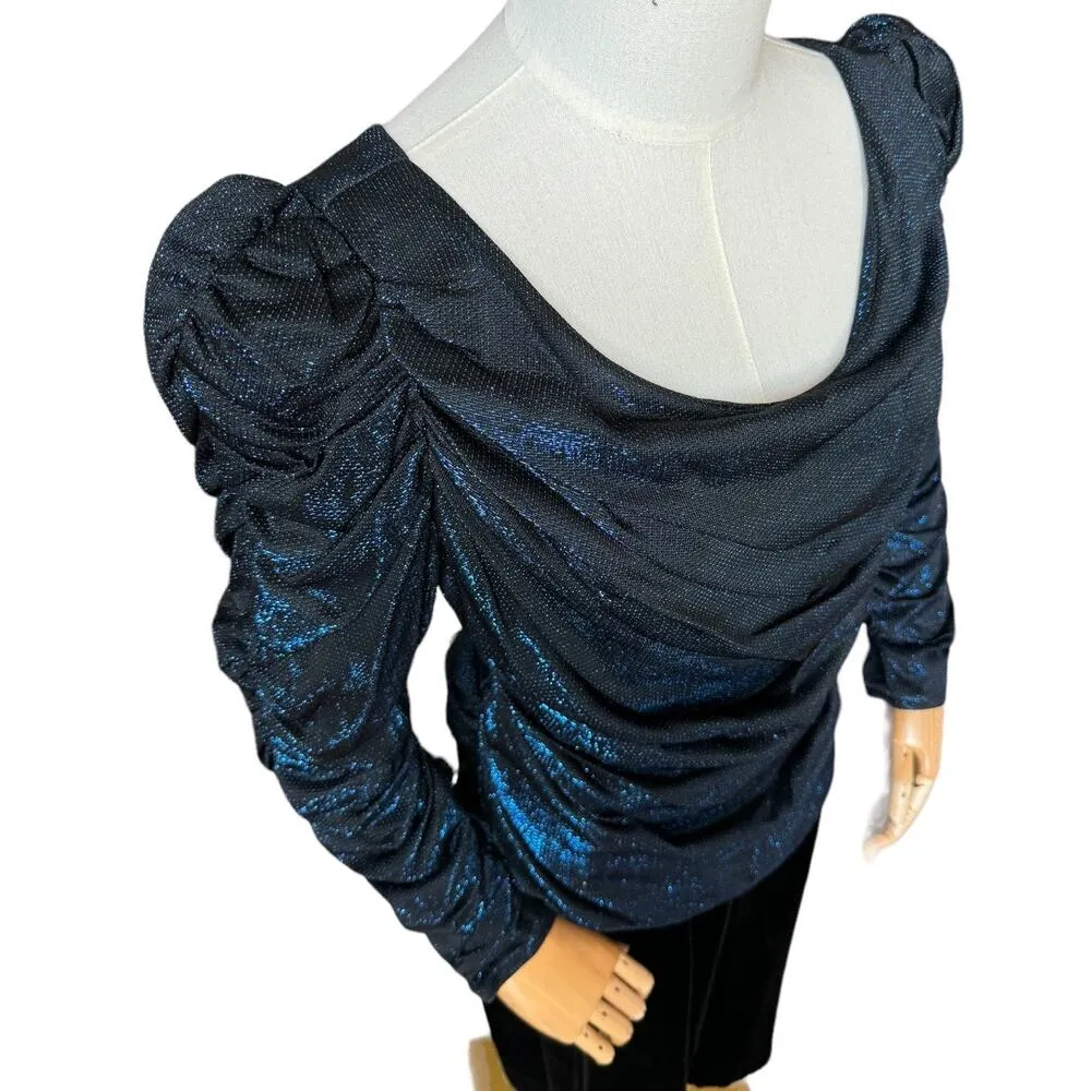 Vintage Samir 70’s blue metallic Lurex & black velvet dress size medium - Image 3