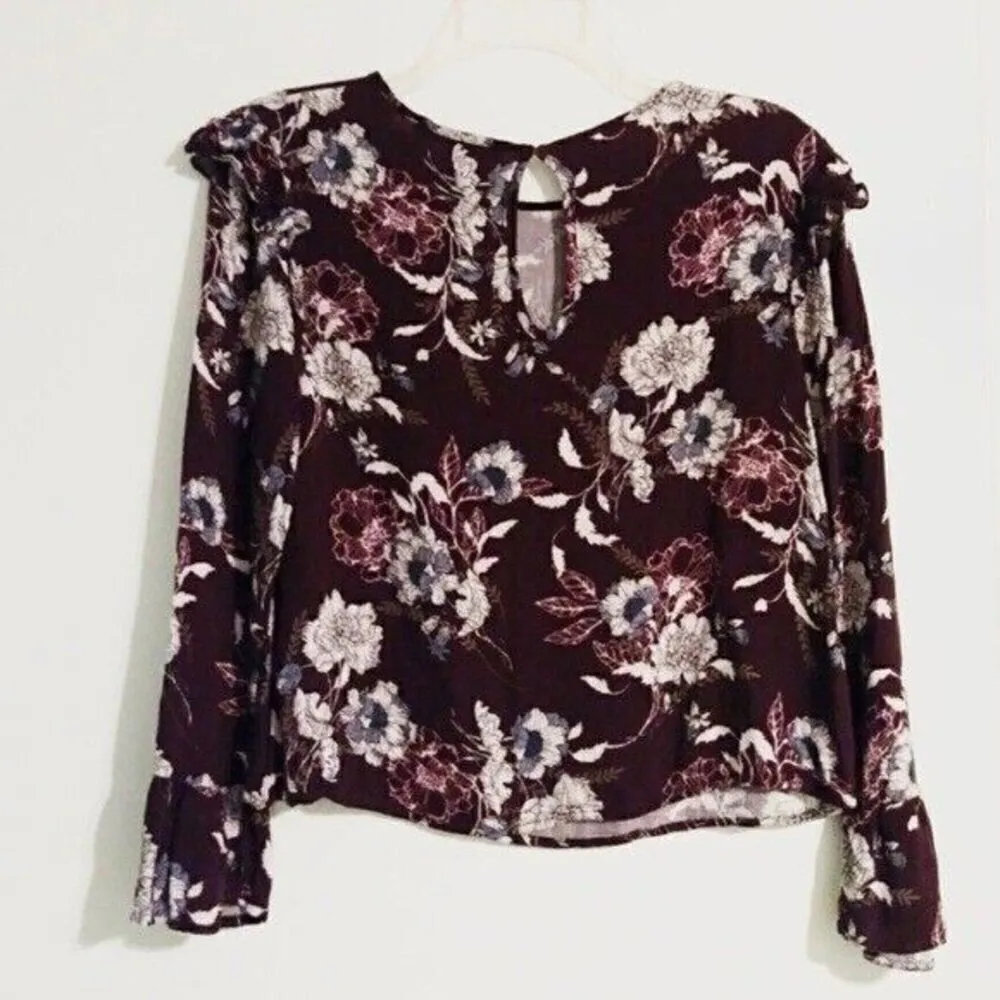 One Clothing Burgundy Floral Ruffle Shoulder Long Sleeve Blouse Top Size S - Image 2