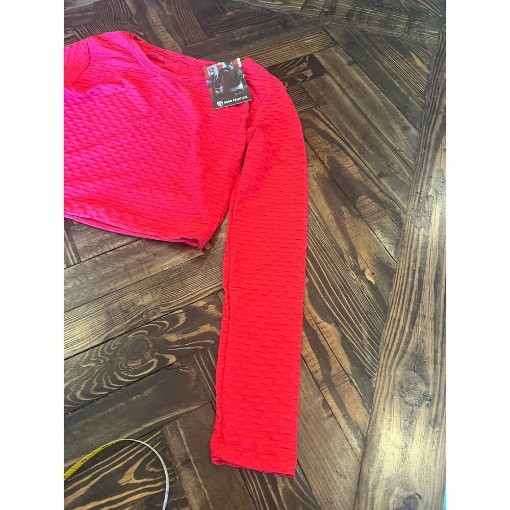 NWT Born Primitive Summit Crop Top Texture Stretch Women Large Red Lifting Shirt - Image 4