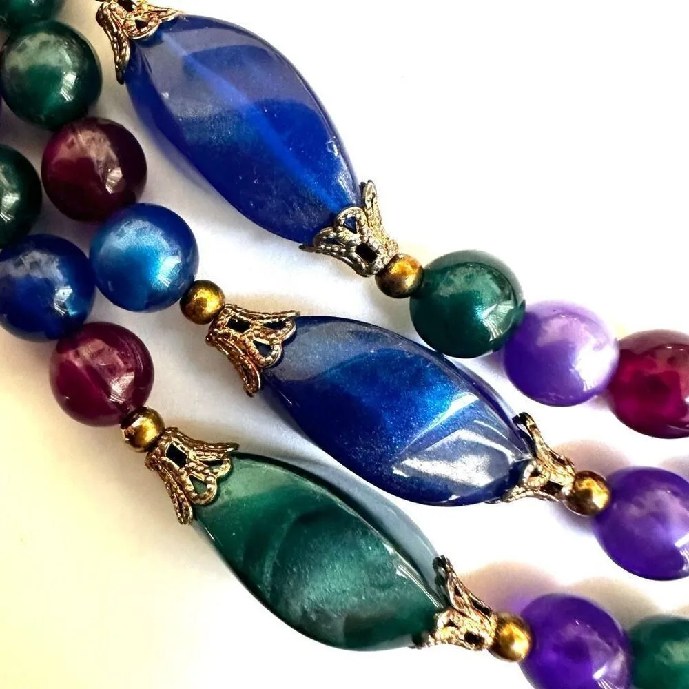 Vintage purple blue green beaded multi strand necklace - Image 4