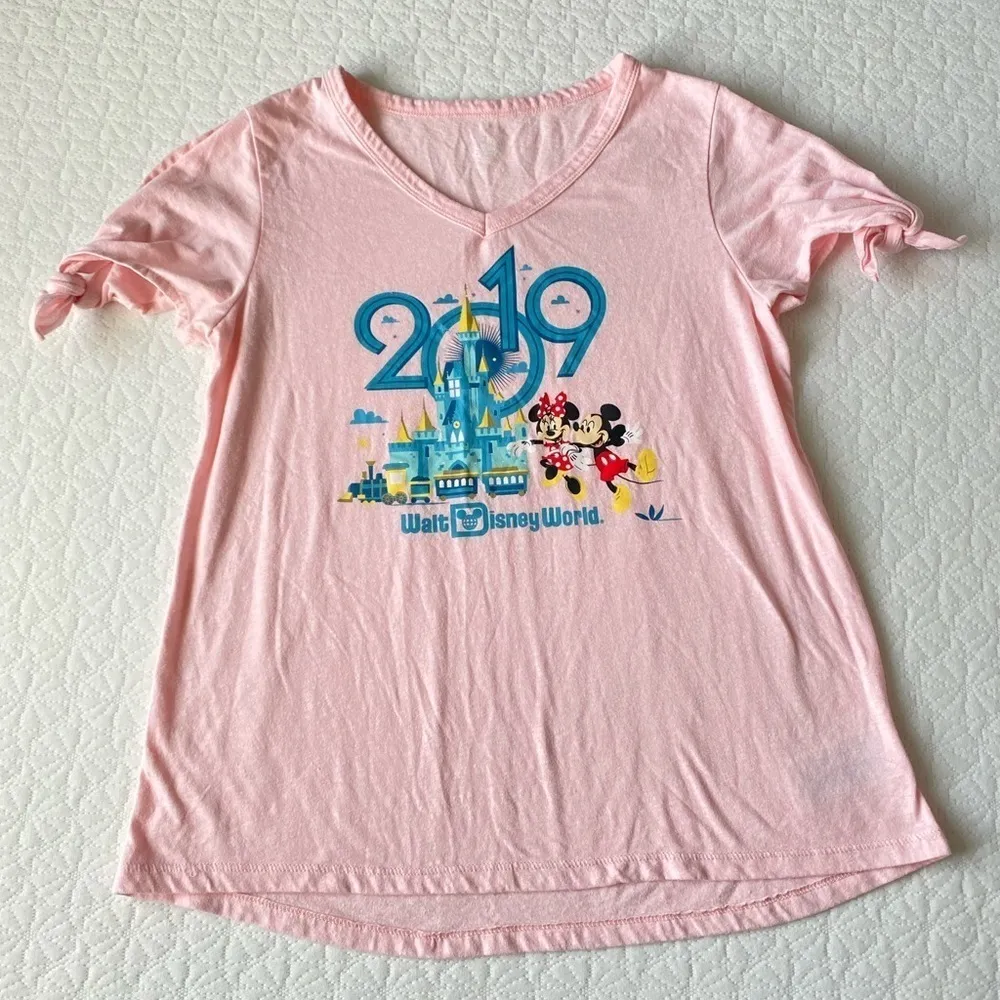Walt Disney World Parks 2019 Pink Castle Mickey Minnie Tie Sleeve Shirt Top S - Image 6