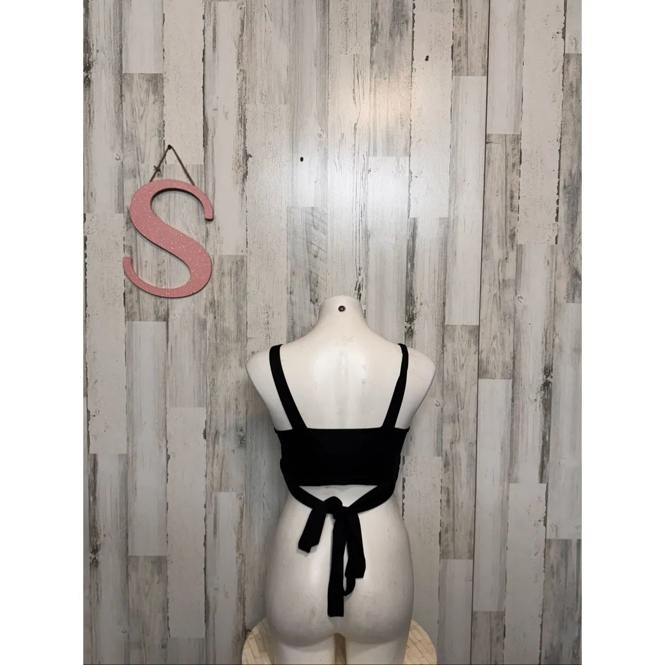 Black Wrap Front Crop Top Tie Back Stretchy Size Small NWT - Image 2